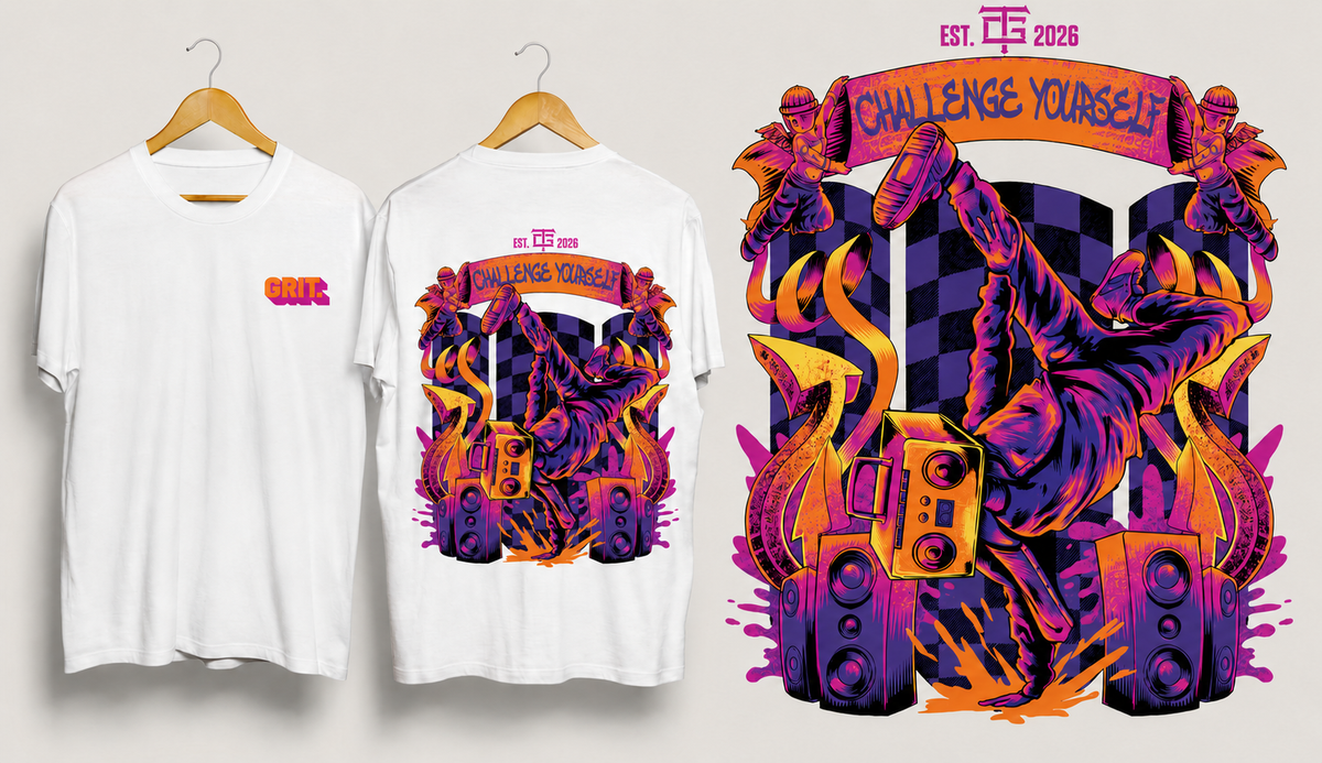 Camiseta GRIT Challenge Yourself branca - frente e costas