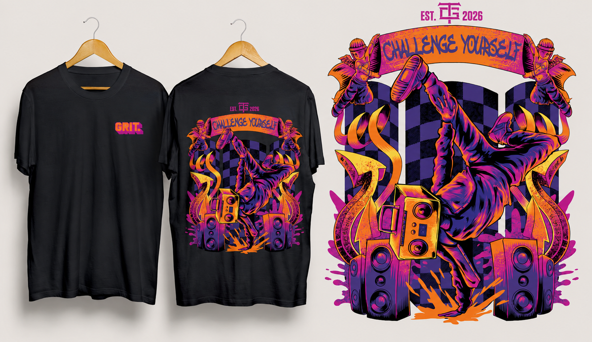 Camiseta GRIT Challenge Yourself preta - frente e costas