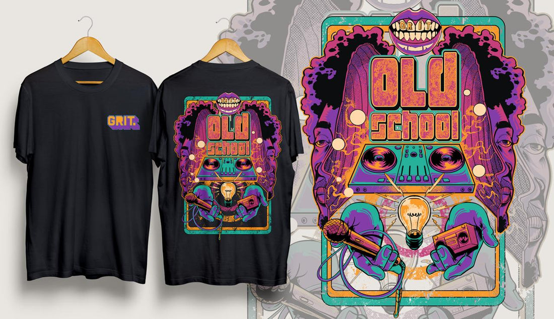 Camiseta GRIT Frequência Old School — frente, costas e arte