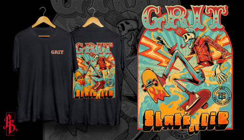 Camiseta GRIT Skate or Die — frente, costas e arte